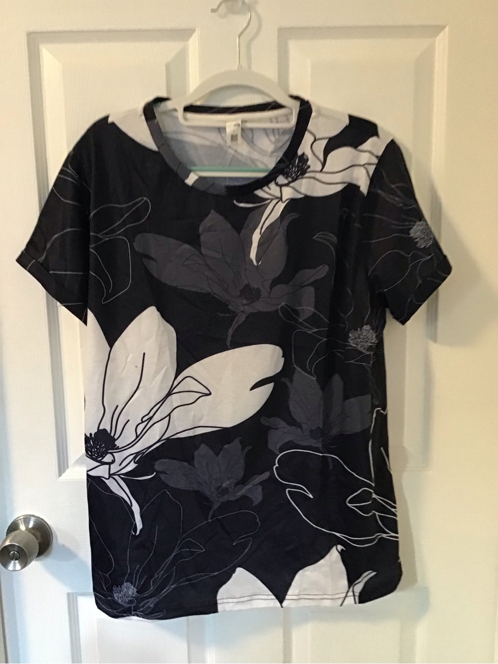 Pixie Lady Black Floral Short Sleeve Tee with White and Gray Blooms